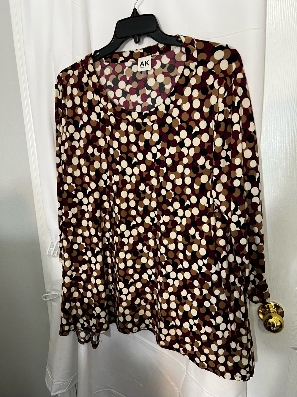 Anne Klein Brown Polka Dot Long Sleeve Blouse with Cream and Tan Dots